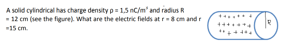 A solid cylindrical has charge density p = 1,5 nC/m and radius R
= 12 cm (see the figure). What are the electric fields at r = 8 cm andr
+ + + + + + +
+++ + + +
+
=15 cm.
++
+ + +++
