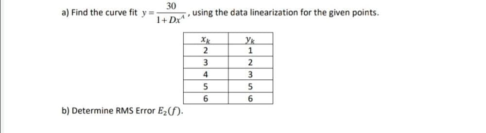 a) Find the curve fit y =
30
, using the data linearization for the given points.
1+ Dx"
Ук
1
2
3
2
4
6
6
b) Determine RMS Error E2(f).
