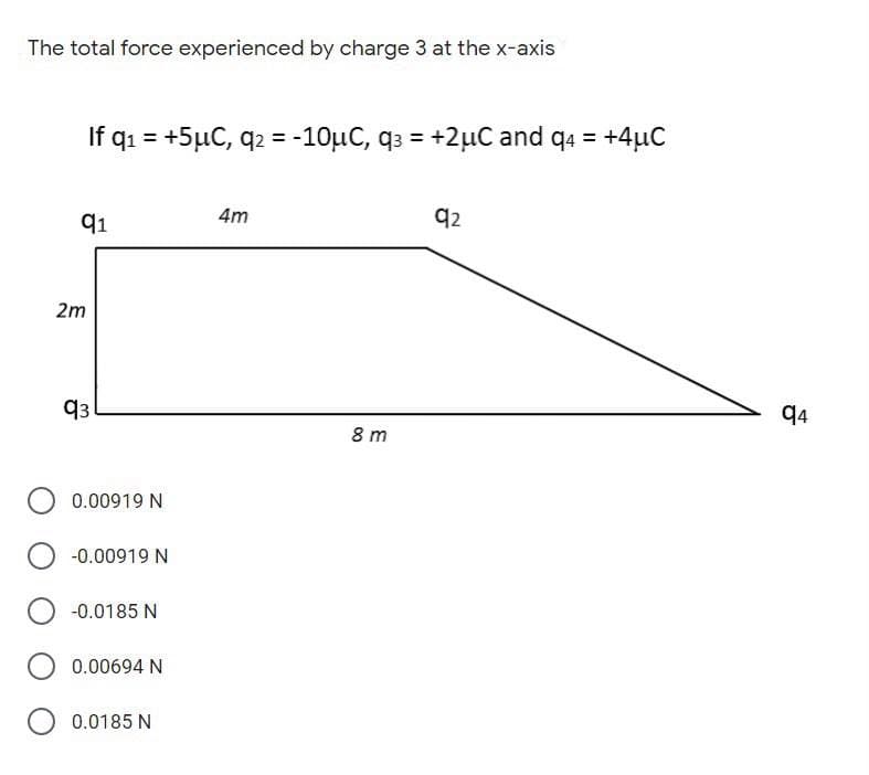 The total force experienced by charge 3 at the x-axis
If q1 = +5µC, q2 = -10µC, q3 = +2µC and q4 = +4µC
q1
4m
q2
2m
q3
q4
8 m
0.00919 N
-0.00919 N
-0.0185 N
0.00694 N
0.0185 N
