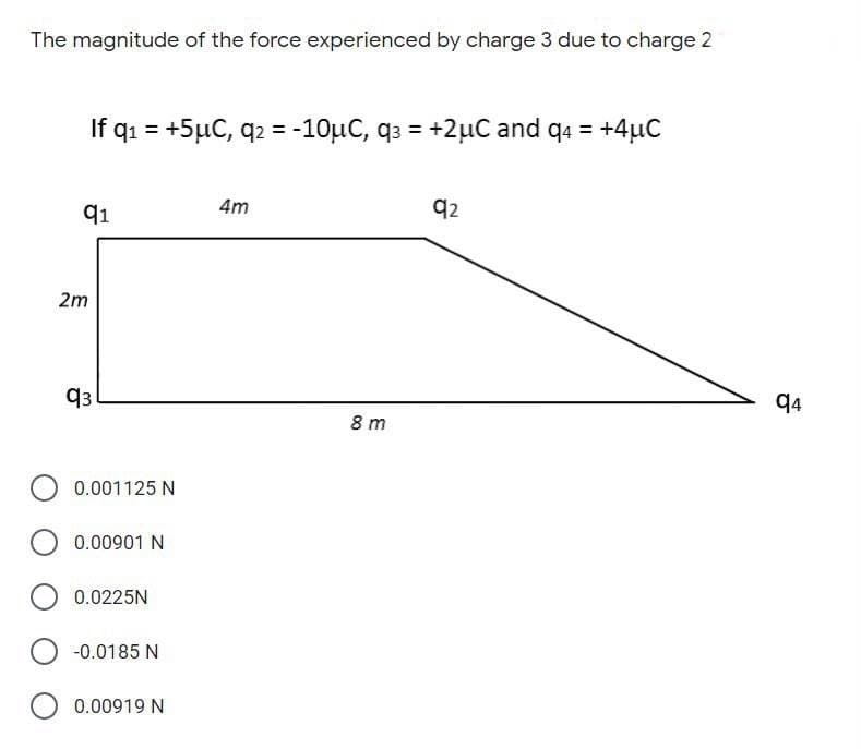 The magnitude of the force experienced by charge 3 due to charge 2
If q1 = +5µC, q2 = -10µC, q3 = +2µC and q4 = +4µC
%3D
q1
4m
q2
2m
q3
q4
8 m
0.001125 N
0.00901 N
0.0225N
-0.0185 N
0.00919 N
