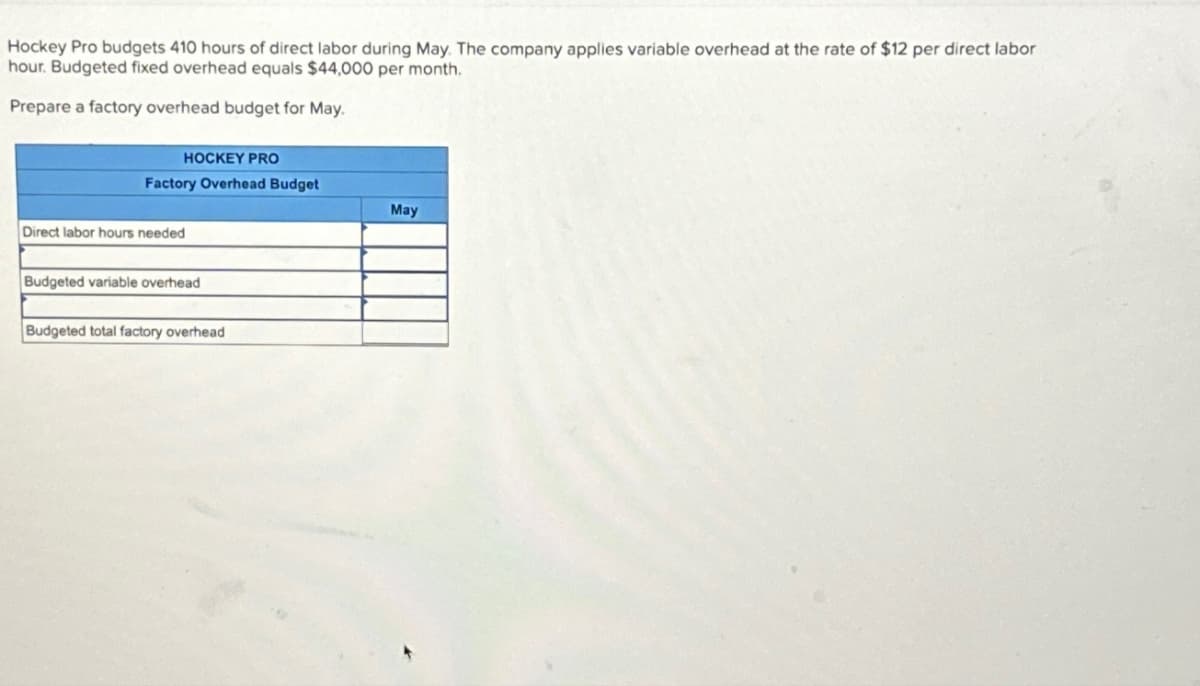 Hockey Pro budgets 410 hours of direct labor during May. The company applies variable overhead at the rate of $12 per direct labor
hour. Budgeted fixed overhead equals $44,000 per month.
Prepare a factory overhead budget for May.
HOCKEY PRO
Factory Overhead Budget
Direct labor hours needed
Budgeted variable overhead
Budgeted total factory overhead
May