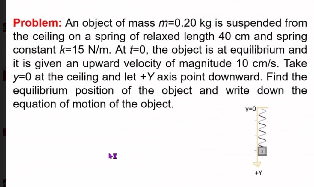 Problem: An object of mass m=0.20 kg is suspended from
the ceiling on a spring of relaxed length 40 cm and spring
constant k=15 N/m. At t=0, the object is at equilibrium and
it is given an upward velocity of magnitude 10 cm/s. Take
y=0 at the ceiling and let +Y axis point downward. Find the
equilibrium position of the object and write down the
equation of motion of the object.
y=0
M
+Y