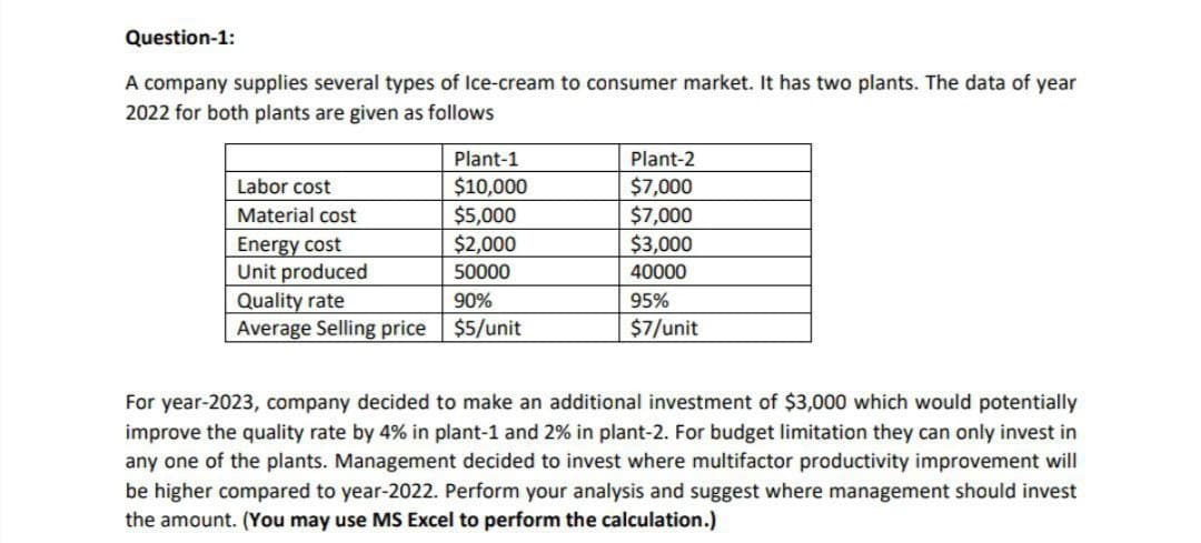 Question-1:
A company supplies several types of Ice-cream to consumer market. It has two plants. The data of year
2022 for both plants are given as follows
Plant-1
$10,000
$5,000
$2,000
50000
Quality rate
90%
Average Selling price $5/unit
Labor cost
Material cost
Energy cost
Unit produced
Plant-2
$7,000
$7,000
$3,000
40000
95%
$7/unit
For year-2023, company decided to make an additional investment of $3,000 which would potentially
improve the quality rate by 4% in plant-1 and 2% in plant-2. For budget limitation they can only invest in
any one of the plants. Management decided to invest where multifactor productivity improvement will
be higher compared to year-2022. Perform your analysis and suggest where management should invest
the amount. (You may use MS Excel to perform the calculation.)