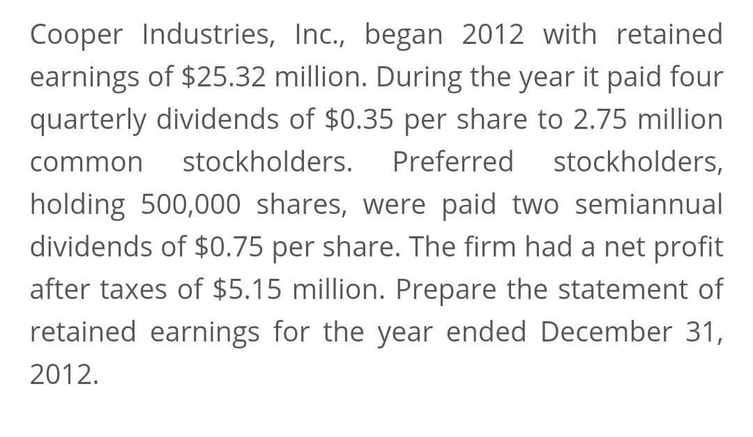 Cooper Industries, Inc., began 2012 with retained
earnings of $25.32 million. During the year it paid four
quarterly dividends of $0.35 per share to 2.75 million
common
stockholders.
Preferred
stockholders,
holding 500,000 shares, were paid two semiannual
dividends of $0.75 per share. The firm had a net profit
after taxes of $5.15 million. Prepare the statement of
retained earnings for the year ended December 31,
2012.
