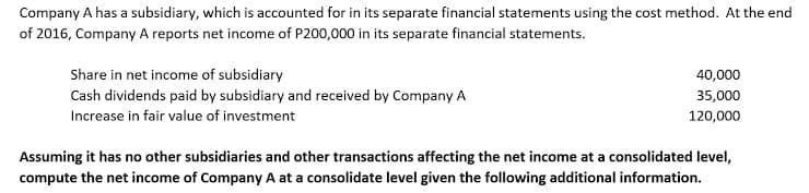 Company A has a subsidiary, which is accounted for in its separate financial statements using the cost method. At the end
of 2016, Company A reports net income of P200,000 in its separate financial statements.
Share in net income of subsidiary
40,000
Cash dividends paid by subsidiary and received by Company A
35,000
Increase in fair value of investment
120,000
Assuming it has no other subsidiaries and other transactions affecting the net income at a consolidated level,
compute the net income of Company A at a consolidate level given the following additional information.
