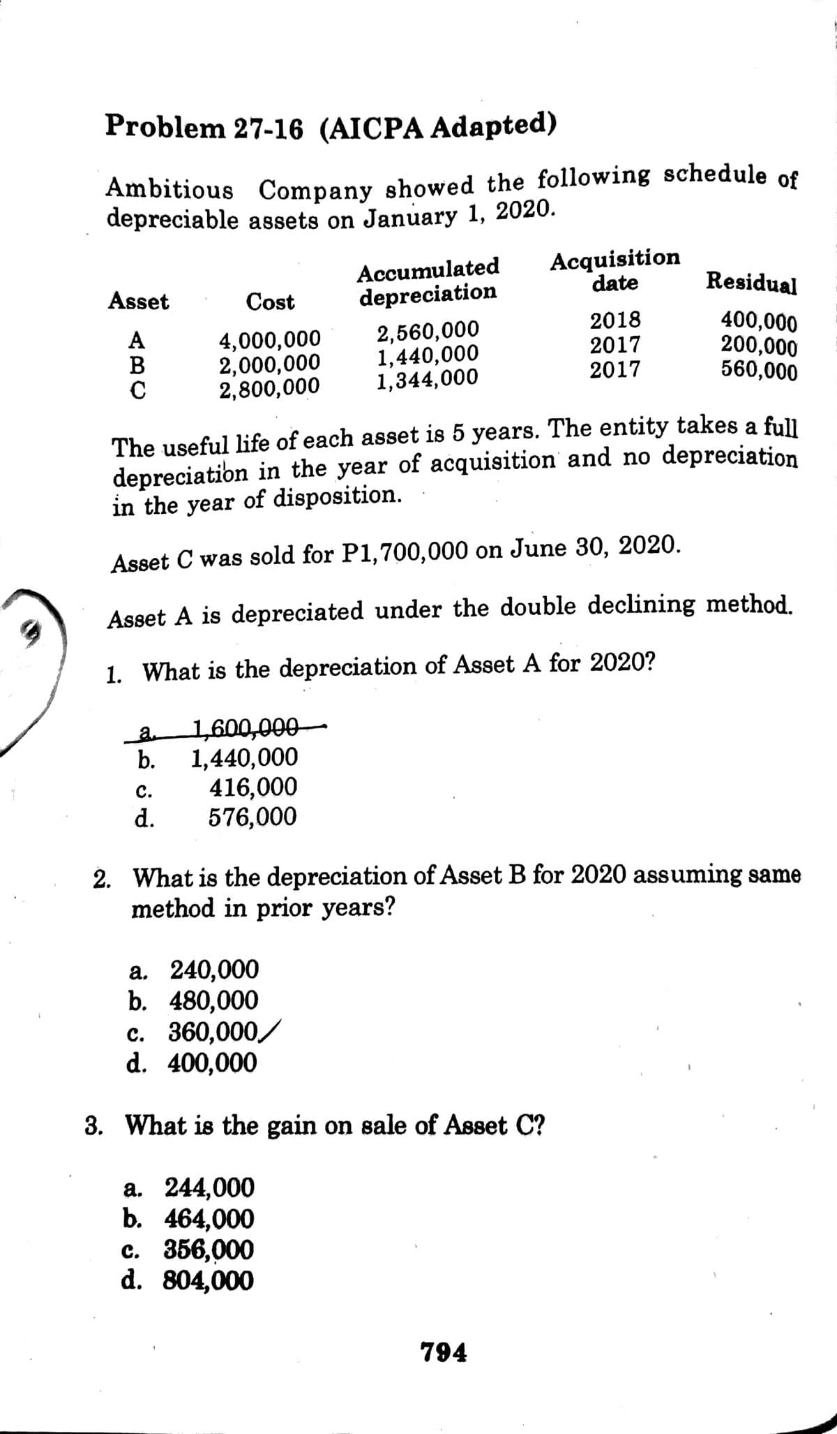 Problem 27-16 (AICPA Adapted)
Ambitious Company showed the following schedule of
depreciable assets on January 1, 2020.
Accumulated
depreciation
Acquisition
date
Residual
Asset
Cost
4,000,000
2,000,000
2,800,000
2,560,000
1,440,000
1,344,000
2018
2017
2017
400,000
200,000
560,000
The useful life of each asset is 5 years. The entity takes a full
depreciatibn in the year of acquisition and no depreciation
in the year of disposition.
Asset C was sold for P1,700,000 on June 30, 2020.
Asset A is depreciated under the double declining method.
1. What is the depreciation of Asset A for 2020?
1,600,000-
b.
a.
1,440,000
416,000
576,000
с.
d.
2. What is the depreciation of Asset B for 2020 assuming same
method in prior years?
a. 240,000
b. 480,000
c. 360,000/
d. 400,000
3. What is the gain on sale of Asset C?
a. 244,000
b. 464,000
с. 356,000
d. 804,000
794
ABC
