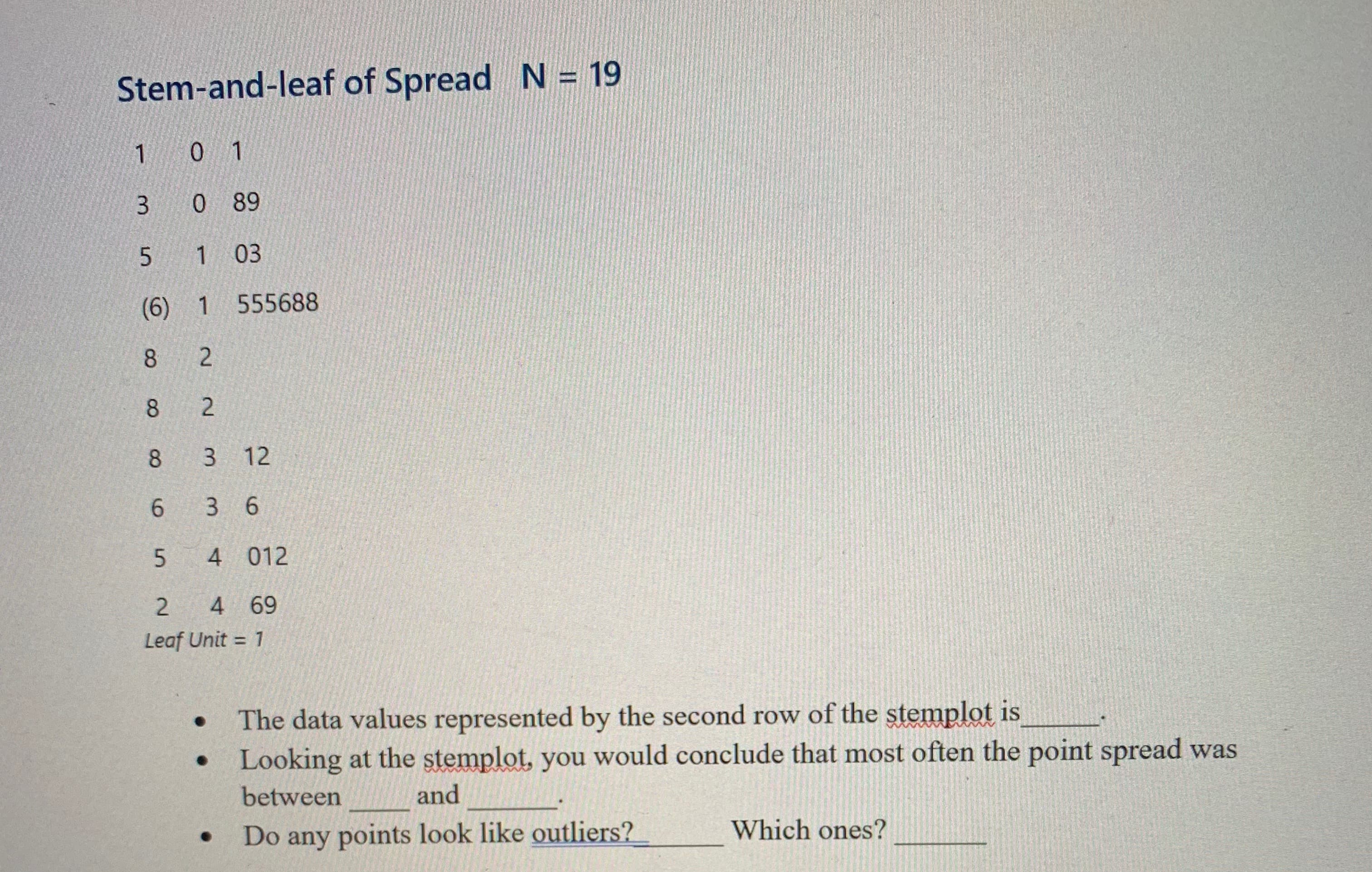 N = 19
Stem-and-leaf of Spread
0 1
1
0 89
3
1 03
5
(6) 1 555688
8
2
2
3 12
8
3 6
6
4 012
4 69
2
Leaf Unit 1
The data values represented by the second row of the stemplot is
Looking at the stemplot, you would conclude that most often the point spread was
and
between
Which ones?
Do any points look like outliers?
Ln
Co
