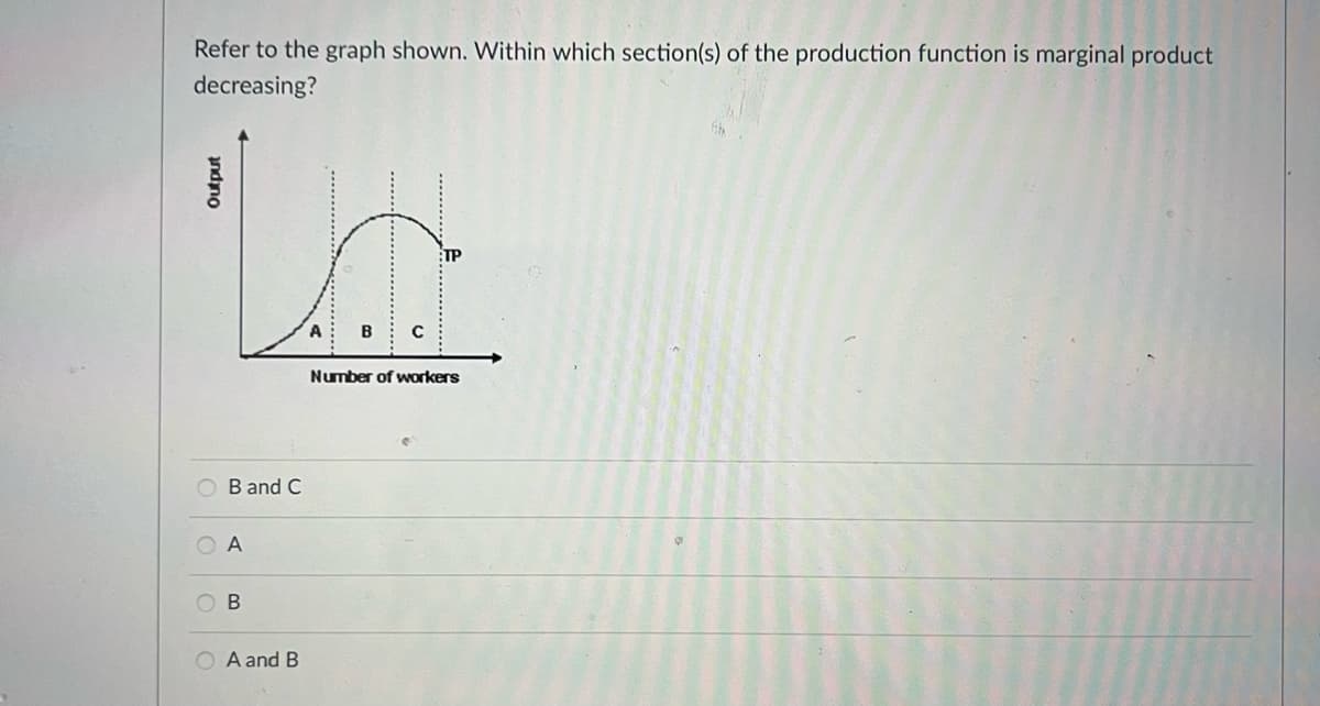 Refer to the graph shown. Within which section(s) of the production function is marginal product
decreasing?
A B C
Number of workers
O Band C
O A
O B
O A and B
Output
