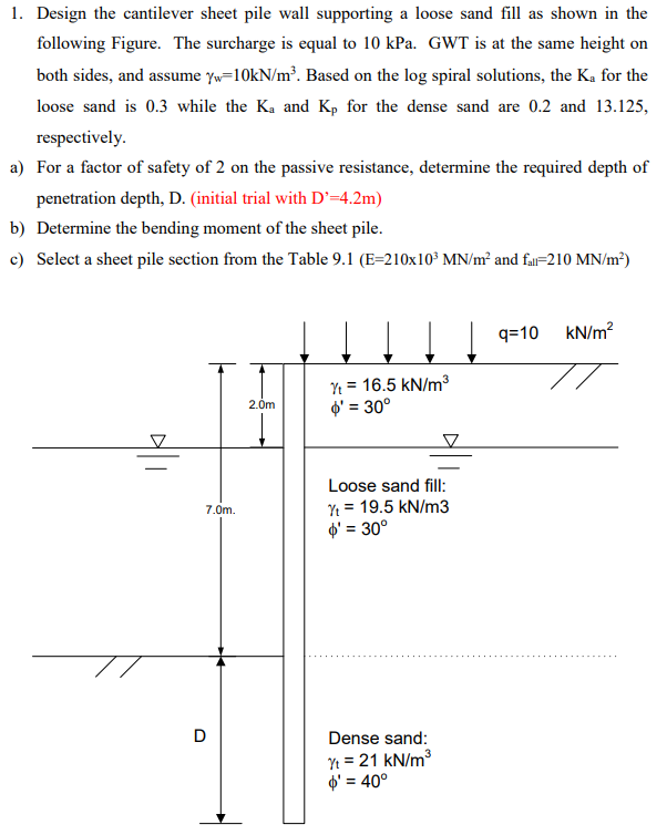 1. Design the cantilever sheet pile wall supporting a loose sand fill as shown in the
following Figure. The surcharge is equal to 10 kPa. GWT is at the same height on
both sides, and assume yw=10kN/m³. Based on the log spiral solutions, the Ka for the
loose sand is 0.3 while the K₂ and Kp for the dense sand are 0.2 and 13.125,
respectively.
a) For a factor of safety of 2 on the passive resistance, determine the required depth of
penetration depth, D. (initial trial with D'=4.2m)
b) Determine the bending moment of the sheet pile.
c) Select a sheet pile section from the Table 9.1 (E-210x10³ MN/m² and fall-210 MN/m²)
7.0m.
D
2.0m
Yt = 16.5 kN/m³
$' = 30°
Loose sand fill:
Yt = 19.5 kN/m3
$' = 30°
Dense sand:
Yt = 21 kN/m³
$' = 40°
q=10
kN/m²