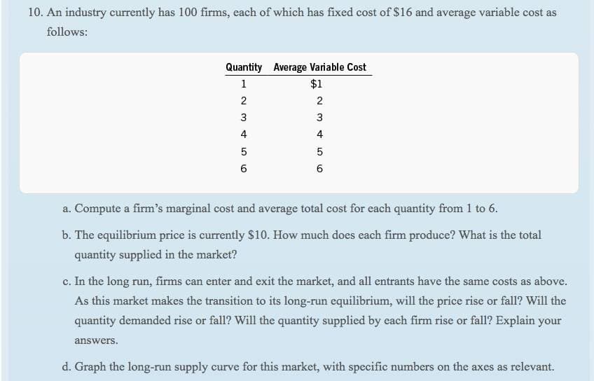 10. An industry currently has 100 firms, each of which has fixed cost of $16 and average variable cost as
follows:
TT
Quantity Average Variable Cost
1
$1
2
3
3
4
4
a. Compute a firm's marginal cost and average total cost for each quantity from 1 to 6.
b. The equilibrium price is currently $10. How much does each firm produce? What is the total
quantity supplied in the market?
c. In the long run, firms can enter and exit the market, and all entrants have the same costs as above.
As this market makes the transition to its long-run equilibrium, will the price rise or fall? Will the
quantity demanded rise or fall? Will the quantity supplied by each firm rise or fall? Explain your
answers.
d. Graph the long-run supply curve for this market, with specific numbers on the axes as relevant.
2.
