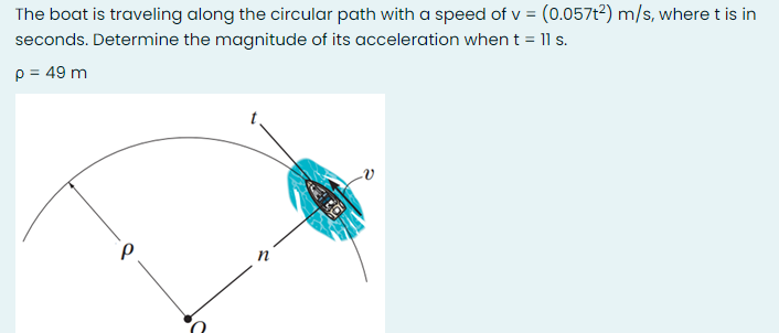The boat is traveling along the circular path with a speed of v = (0.057t?) m/s, where t is in
seconds. Determine the magnitude of its acceleration when t = 11 s.
p = 49 m
