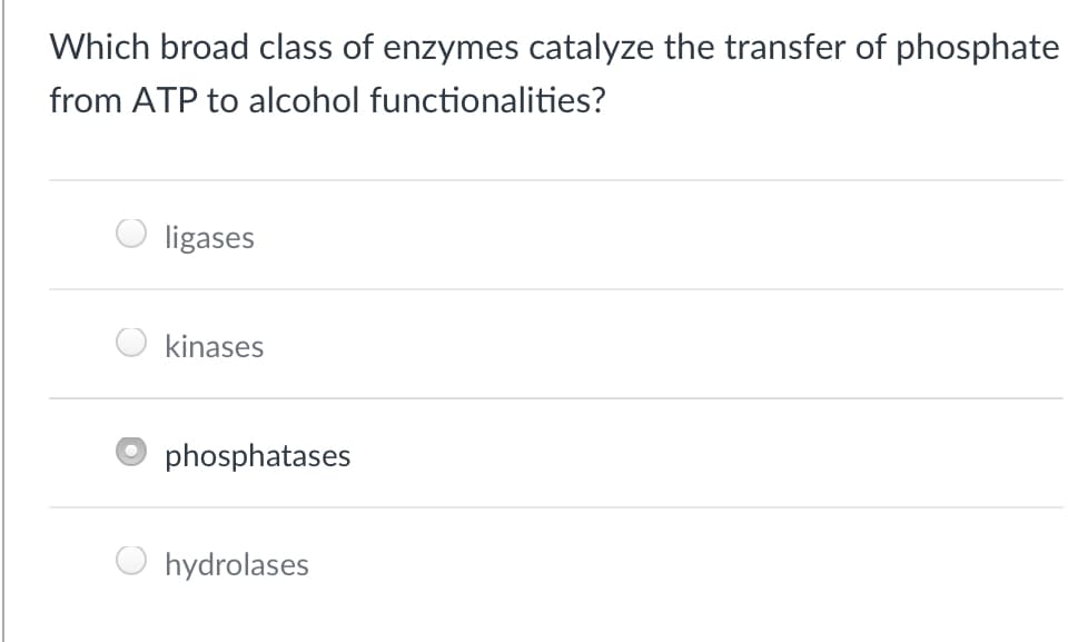 Which broad class of enzymes catalyze the transfer of phosphate
from ATP to alcohol functionalities?
ligases
kinases
O phosphatases
hydrolases

