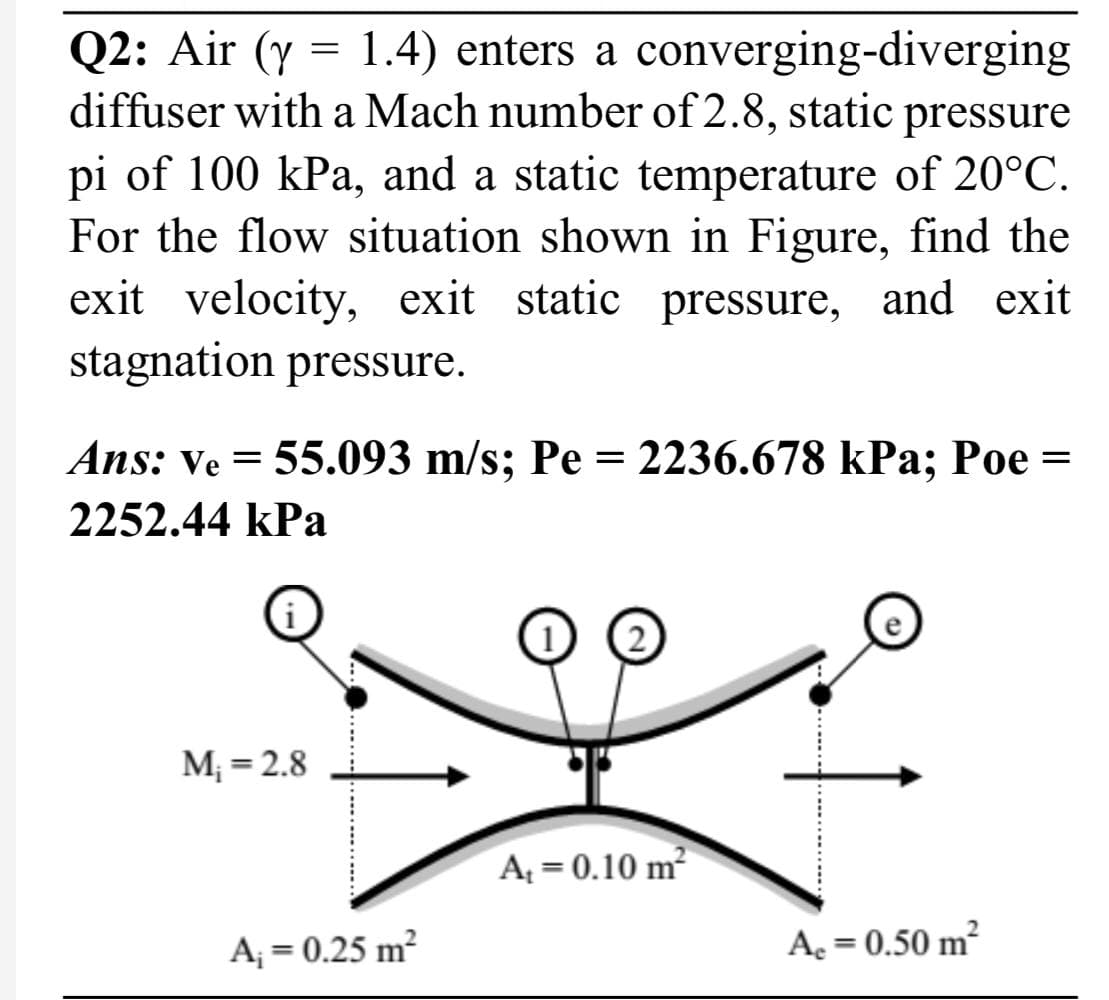 Q2: Air (y = 1.4) enters a converging-diverging
diffuser with a Mach number of 2.8, static pressure
pi of 100 kPa, and a static temperature of 20°C.
For the flow situation shown in Figure, find the
exit velocity, exit static pressure, and exit
stagnation pressure.
Ans: Ve = 55.093 m/s; Pe = 2236.678 kPa; Poe =
2252.44 kPa
i
M₁ = 2.8
A₁ = 0.10 m²
A₂ = 0.50 m²
A₁ = 0.25 m²