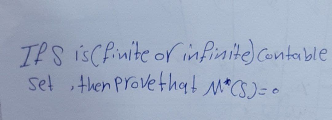 Ifs is(finite of infinite) Contable
Set then prove that M*(S) ==