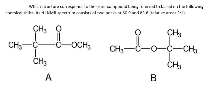 Which structure corresponds to the ester compound being referred to based on the following
chemical shifts. Its ¹H NMR spectrum consists of two peaks at 80.9 and 83.6 (relative areas 3:1).
CH3
CH3
CH3-C-
-C-OCH3
CH3-C-O-C-CH3
CH3
B
CH3
A
