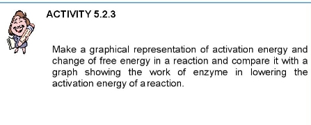 ACTIVITY 5.2.3
Make a graphical representation of activation energy and
change of free energy in a reaction and compare it with a
graph showing the work of enzyme in lowering the
activation energy of a reaction.
