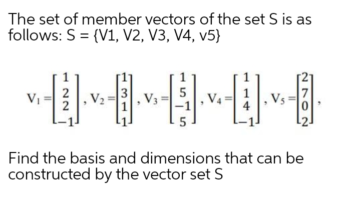 The set of member vectors of the set S is as
follows: S = {V1, V2, V3, V4, v5}
2
V2
2
V4
1
V5
4
VI
V3 =
1
Find the basis and dimensions that can be
constructed by the vector set S
