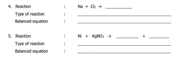 4. Reaction
Na + Cl2 →
Type of reaction
Balanced equation
5. Reaction
Ni + AGNO3 →
Type of reaction
Balanced equation
