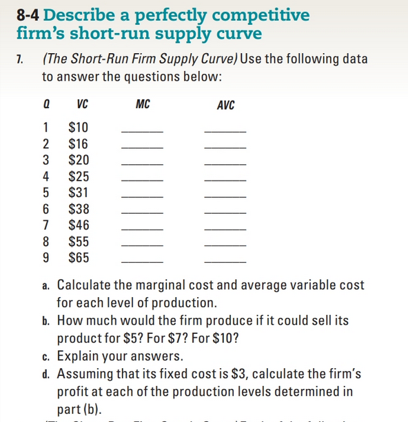 a. Calculate the marginal cost and average variable cost
for each level of production.
b. How much would the firm produce if it could sell its
product for $5? For $7? For $10?
c. Explain your answers.
d. Assuming that its fixed cost is $3, calculate the firm's
profit at each of the production levels determined in
part (b).
