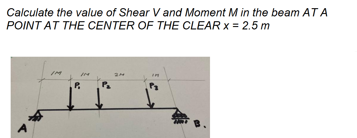 Calculate the value of Shear V and Moment M in the beam AT A
POINT AT THE CENTER OF THE CLEAR x = 2.5 m
IM
IM
P2
A
