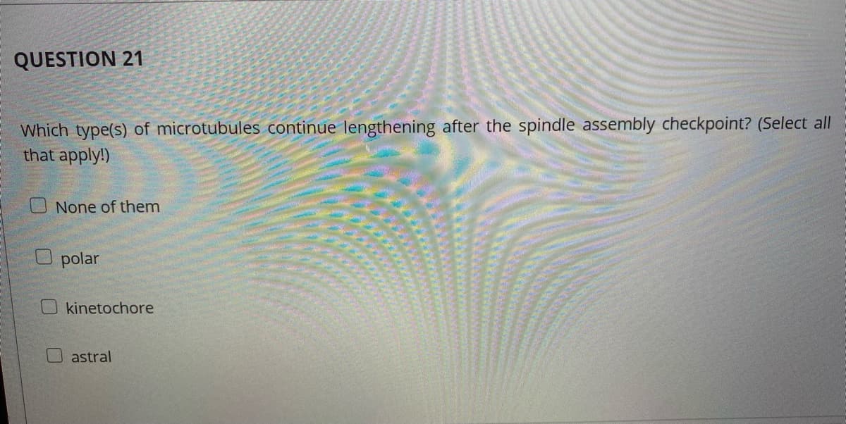 QUESTION 21
Which type(s) of microtubules continue lengthening after the spindle assembly checkpoint? (Select all
that apply!)
O None of them
polar
O kinetochore
astral

