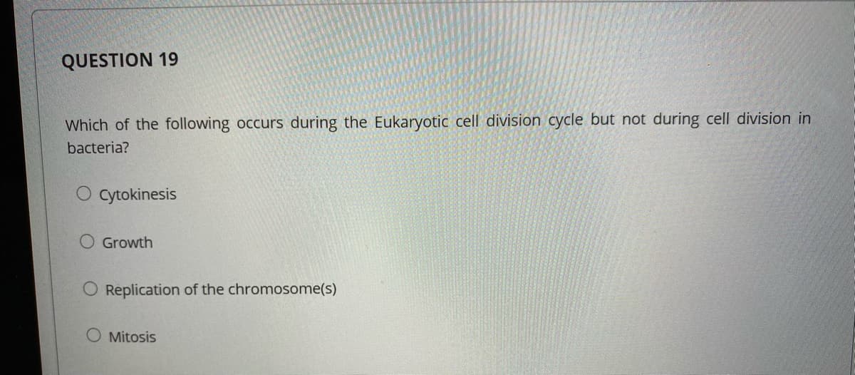 QUESTION 19
Which of the following occurs during the Eukaryotic cell division cycle but not during cell division in
bacteria?
O cytokinesis
Growth
O Replication of the chromosome(s)
O Mitosis
