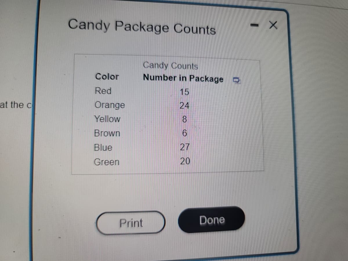 at the c
Candy Package Counts
Candy Counts
Color
Number in Package
Red
15
Orange
24
Yellow
8
Brown
6
Blue
27
Green
20
Print
Done
I
X