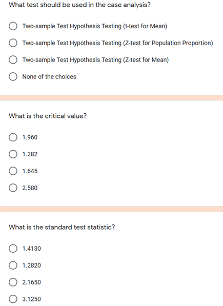 What test should be used in the case analysis?
Two-sample Test Hypothesis Testing (t-test for Mean)
Two-sample Test Hypothesis Testing (Z-test for Population Proportion)
Two-sample Test Hypothesis Testing (Z-test for Mean)
None of the choices
What is the critical value?
1.960
1.282
1.645
2.580
What is the standard test statistic?
1.4130
1.2820
2.1650
3.1250
