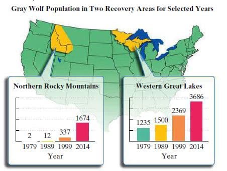 Gray Wolf Population in Two Recovery Areas for Selected Years
Northern Rocky Mountains
Western Great Lakes
3686
2369
1674
1235 1500
337
2
12
1979 1989 1999 2014
1979 1989 1999 2014
Year
Year
