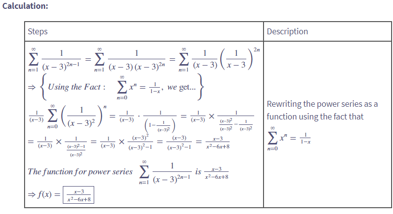 Calculation:
Steps
Description
Σ
00
2n
1
1
(x – 3)2n-1
(х - 3) (х — 3)2»
(x – 3) \x -
n=1
00
Using the Fact : Er" =
we get...
n=0
Rewriting the power series as a
1
Σ
(x – 3)2
function using the fact that
(х-3)
(х-3)
n=0
(r-32
(r-32
(1-3)2
(r-3)?
(r-3)²–1
(x-3)
(r-3)²–1
Σ
x-3
(r-32-1
x2-6x+8
n=0
(r-3)2
1
The function for power series >
x-3
is
x2-6x+8
n=1 (x – 3)2n-1
x-3
→ f(x) =
x2-6x+8
||
