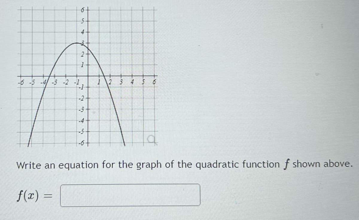 4
-6 -5 -4/ -3 -2
12
4
-2
-3
-4
Write an equation for the graph of the quadratic function f shown above.
f(x) =
