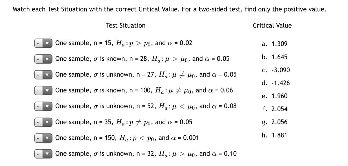 Match each Test Situation with the correct Critical Value. For a two-sided test, find only the positive value.
Test Situation
Critical Value
One sample, n = 15, Ha:p > po, and a = 0.02
a. 1.309
а
One sample, o is known, n = 28, H: µ > µo, and a = 0.05
b. 1.645
а
С. -3.090
One sample, o is unknown, n = 27, H,: u Ho, and a = 0.05
а
d. -1.426
One sample, o is known, n = 100, H : u + uo, and a = 0.06
а
е. 1.960
One sample, o is unknown, n = 52, Ha: µ < Ho, and a = 0.08
%3D
f. 2.054
а
One sample, n = 35, Ha:p Po, and a =
g. 2.056
%3D
h. 1.881
One sample, n = 150, Ha:p < Po, and a
One sample, o is unknown, n = 32, H.: u > µo, and a = 0.10
