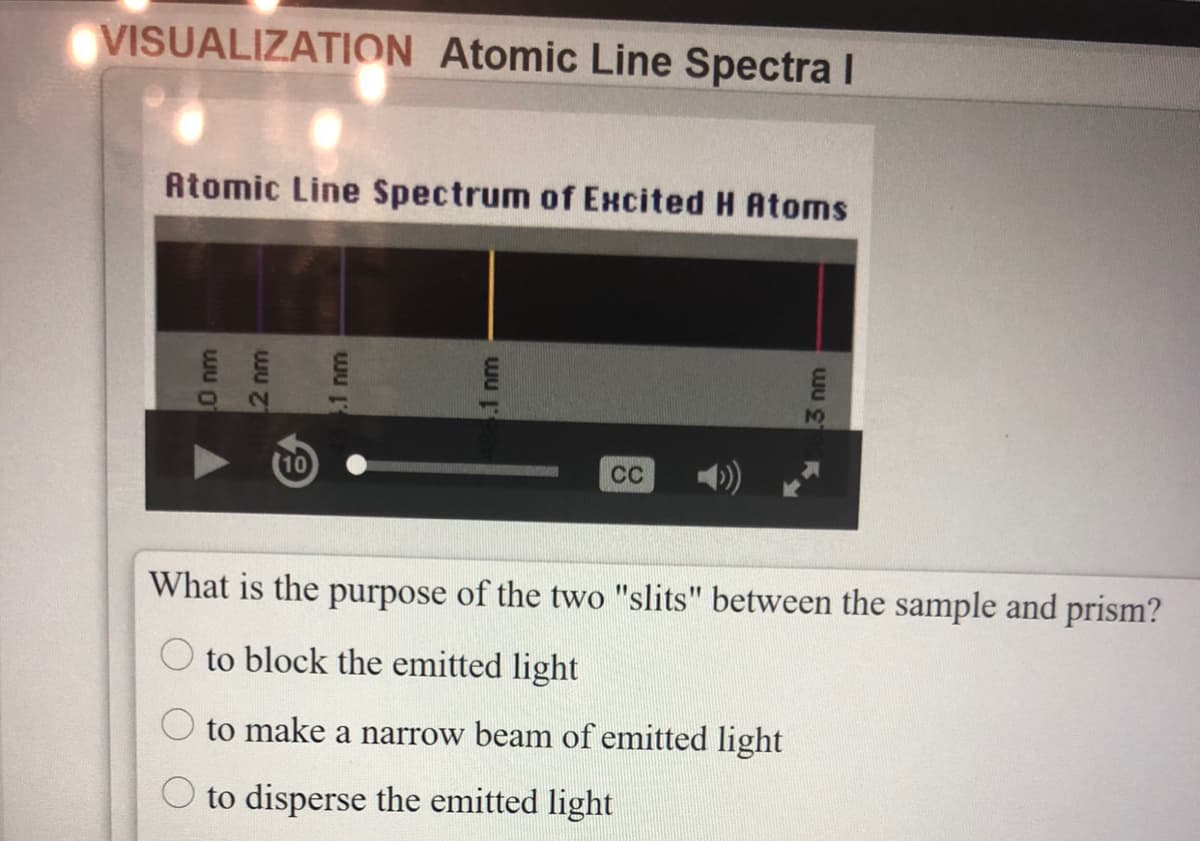 VISUALIZATION Atomic Line Spectra I
Atomic Line Spectrum of Excited H Atoms
CC
What is the purpose of the two "slits" between the sample and prism?
to block the emitted light
to make a narrow beam of emitted light
to disperse the emitted light
1 nm
