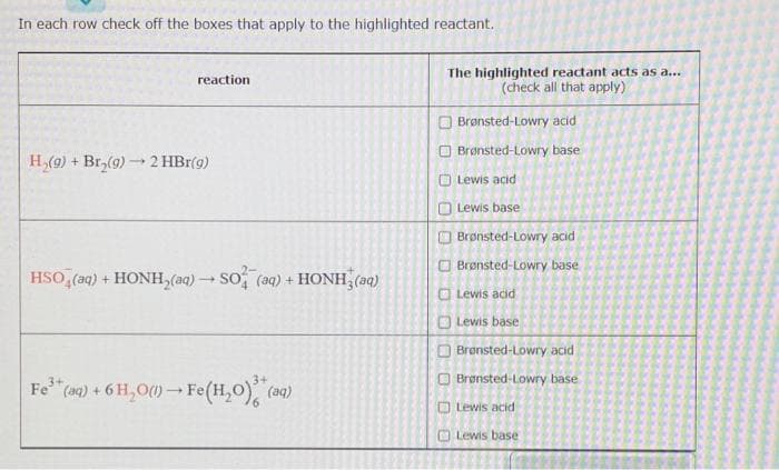 In each row check off the boxes that apply to the highlighted reactant.
The highlighted reactant acts as a...
(check all that apply)
reaction
O Brønsted-Lowry acid
Brønsted-Lowry base
H,(9) + Br,(9) → 2 HBr(g)
O Lewis acid
Lewis base
O Brønsted-Lowry acid
O Brønsted-Lowry base
HSO, (aq) + HONH, (aq) - So, (aq) + HONH3(aq)
O Lewis acid
O Lewis base
O Bronsted-Lowry acid
O Brønsted-Lowry base
Fe" (aa) + 6 H,O() - Fe(H,0) (a4)
O Lewis acid
O Lewis base
