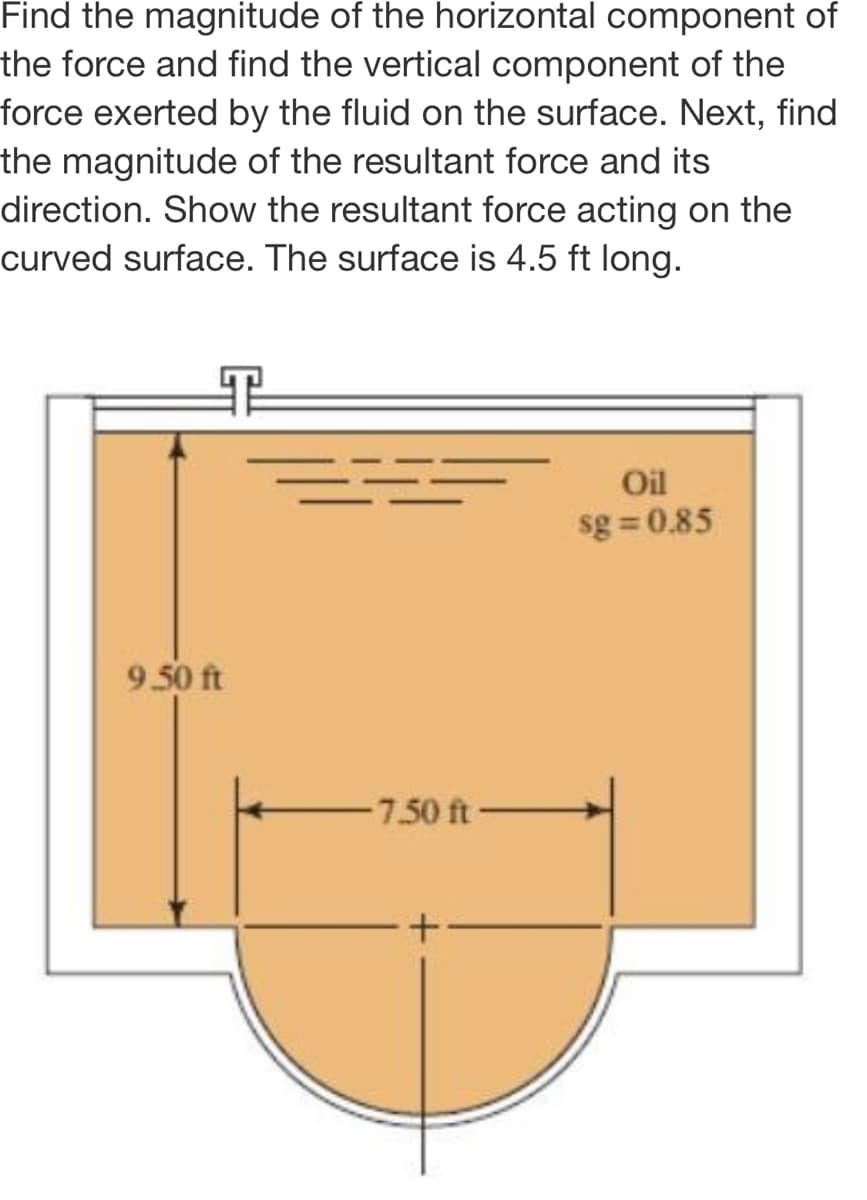 Find the magnitude of the horizontal component of
the force and find the vertical component of the
force exerted by the fluid on the surface. Next, find
the magnitude of the resultant force and its
direction. Show the resultant force acting on the
curved surface. The surface is 4.5 ft long.
Oil
sg = 0.85
9.50 ft
-7.50 ft
