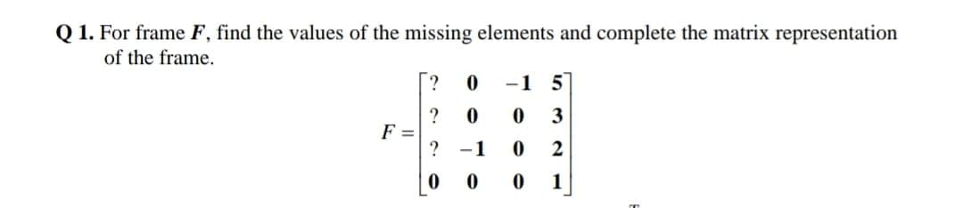 Q 1. For frame F, find the values of the missing elements and complete the matrix representation
of the frame.
?
-1 5
?
F =
3
? -1
1
