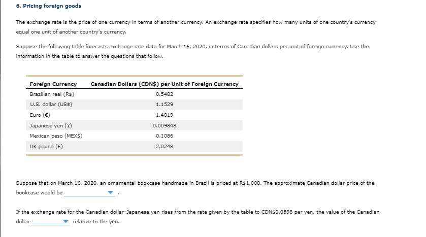 6. Pricing foreign goods
The exchange rate is the price of one currency in terms of another currency. An exchange rate specifies how many units of one country's currency
equal one unit of another country's currency.
Suppose the following table forecasts exchange rate data for March 16, 2020, in terms of Canadian dollars per unit of foreign currency. Use the
information in the table to answer the questions that follow.
Foreign Currency
Canadian Dollars (CDN$) per Unit of Foreign Currency
Brazilian real (R$)
0.5482
U.S. dollar (US$)
1.1529
Euro (€)
1.4019
Japanese yen (*)
0.009848
Mexican peso (MEX$)
0.1086
UK pound (E)
2.0248
Suppose that on March 16, 2020, an ornamental bookcase handmade in Brazil is priced at R$1,000. The approximate Canadian dollar price of the
bookcase would be
If the exchange rate for the Canadian dollar-Japanese yen rises from the rate given by the table to CDN$0.0598 per yen, the value of the Canadian
dollar
relative to the yen.
