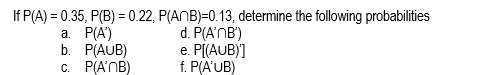 If P(A) = 0.35, P(B) = 0.22, P(ANB)=0.13, determine the following probabilities
d. P(A'NB')
e. P[(AUB)]
f. P(A'UB)
а. Р(А)
b. P(AUB)
C. P(A'NB)
