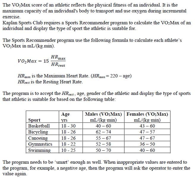 The VO,Max score of an athletic reflects the physical fitness of an individual. It is the
maximum capacity of an individual's body to transport and use oxygen during incremental
exercise.
Kaplan Sports Club requires a Sports Recommender program to calculate the VO2Max of an
individual and display the type of sport the athletic is suitable for.
The Sports Recommender program use the following formula to calculate each athlete's
VO,Max in mL/(kg.min).
'max
VO2Мax 3D 15
HRrest
HRmax is the Maximum Heart Rate. (HRmax = 220 – age)
HRrest is the Resting Heart Rate.
The program is to accept the HRrest , age, gender of the athletic and display the type of sports
that athletic is suitable for based on the following table:
Age
Males (VO:Max) Females (VO:Max)
mL/(kg min)
mL/(kg min)
Sport
Basketball
yrs
18 - 30
40 – 60
43 – 60
Bicycling
Canoeing
Gymnastics
Swimming
18 - 26
62 – 74
47 - 57
18 - 26
55 – 67
47 – 67
18 - 22
52 – 58
36 – 50
10 - 25
50 – 70
40- 60
The program needs to be 'smart' enough as well. When inappropriate values are entered to
the program, for example, a negative age, then the program will ask the operator to enter the
value again.
