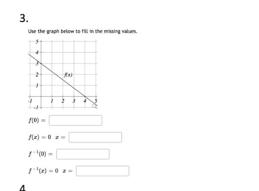 3.
Use the graph below to fill in the missing values.
5-
4
2
fx)
f(0)
f(z) = 0 z =
j '(0) =
f(2) = 0 a =

