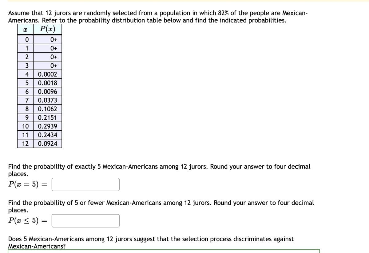Assume that 12 jurors are randomly selected from a population in which 82% of the people are Mexican-
Americans. Refer to the probability distribution table below and find the indicated probabilities.
P(x)
0+
1
0+
0+
3
4
0.0002
0.0018
6
0.0096
7
0.0373
8
0.1062
9.
0.2151
10
0.2939
11
0.2434
12
0.0924
Find the probability of exactly 5 Mexican-Americans among 12 jurors. Round your answer to four decimal
places.
P(x = 5)
Find the probability of 5 or fewer Mexican-Americans among 12 jurors. Round your answer to four decimal
places.
P(x < 5)
Does 5 Mexican-Americans among 12 jurors suggest that the selection process discriminates against
Mexican-Americans?
