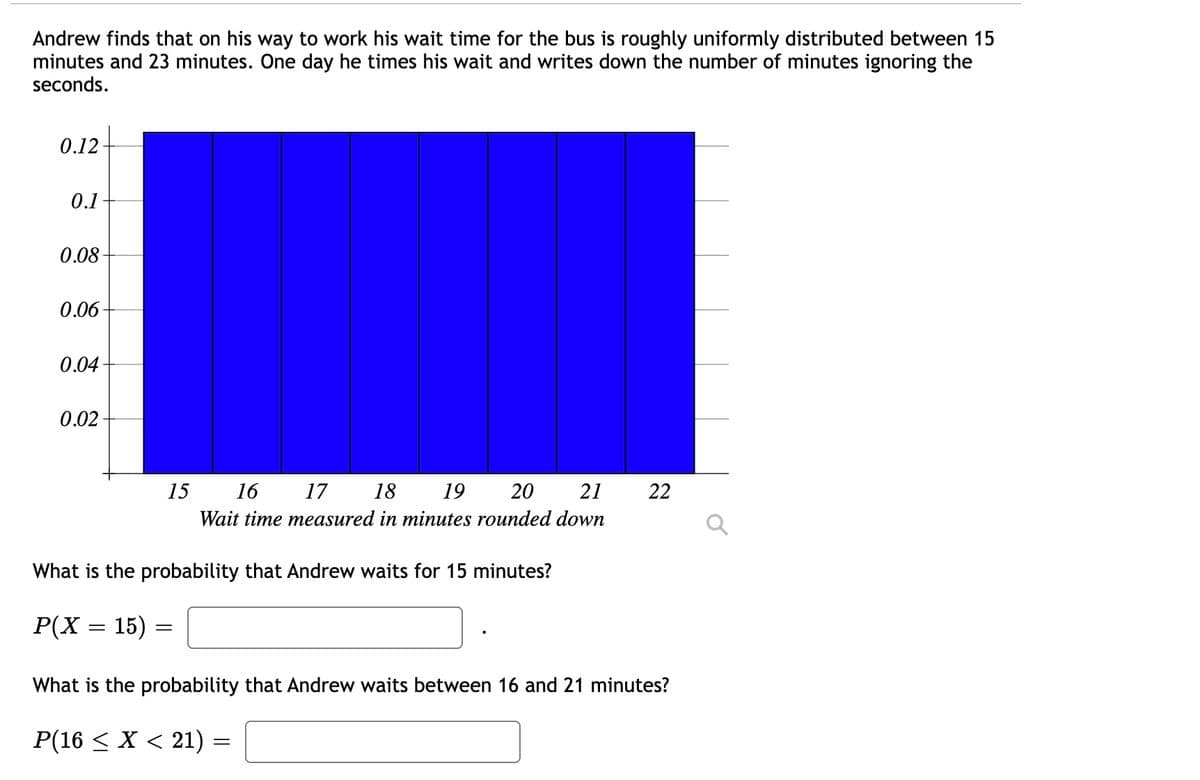 Andrew finds that on his way to work his wait time for the bus is roughly uniformly distributed between 15
minutes and 23 minutes. One day he times his wait and writes down the number of minutes ignoring the
seconds.
0.12
0.1
0.08
0.06
0.04
0.02
15
16
17
18
19
20 21
22
Wait time measured in minutes rounded down
What is the probability that Andrew waits for 15 minutes?
P(X = 15) =
What is the probability that Andrew waits between 16 and 21 minutes?
P(16 < X < 21) =
