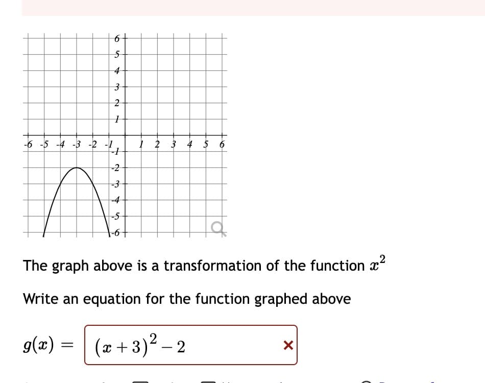 4
-6 -5 -4 -3 -2 -1
I 2 3 4 5 6
-2
-4
-5
The graph above is a transformation of the function x
Write an equation for the function graphed above
g(x) =
(x + 3)² – 2
-
