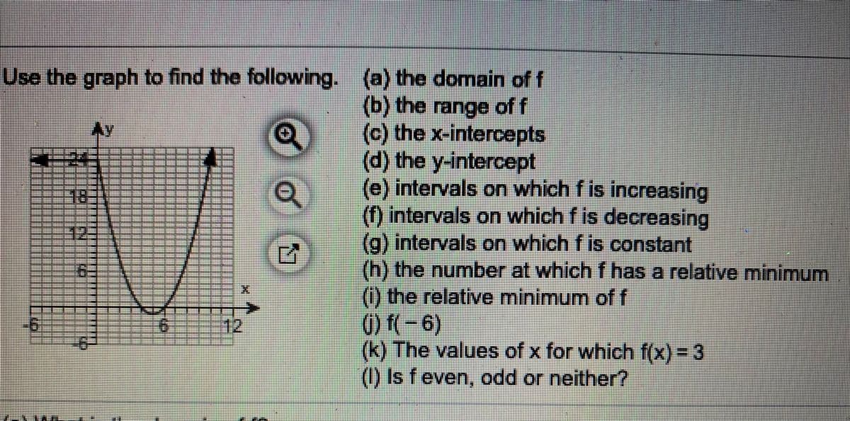 Use the graph to find the following. (a) the domain of f
(b) the range of f
(c) the x-intercepts
(d) the y-intercept
(e) intervals on which f is increasing
(f) intervals on which f is decreasing
g) intervals on which f is constant
(h) the number at which f has a relative minimum
(i) the relative minimum of f
0) f(-6)
(k) The values of x for which f(x) = 3
() Is feven, odd or neither?
Ay
181
書
12
