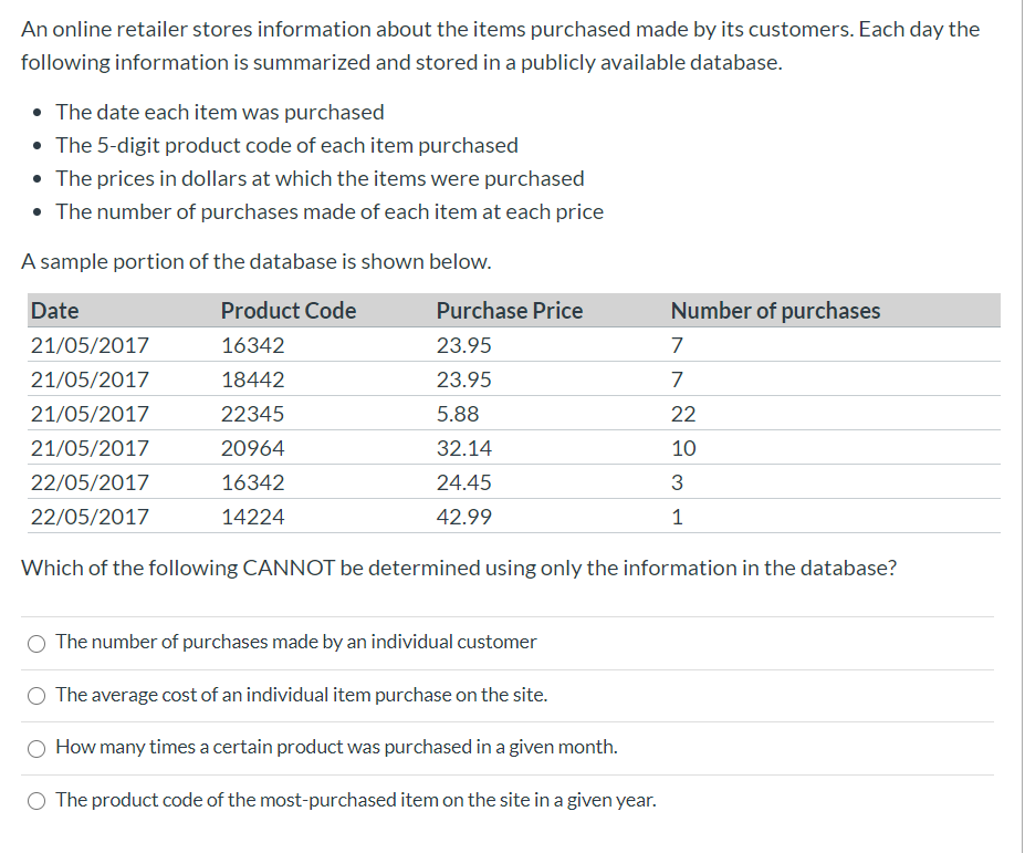 An online retailer stores information about the items purchased made by its customers. Each day the
following information is summarized and stored in a publicly available database.
• The date each item was purchased
• The 5-digit product code of each item purchased
• The prices in dollars at which the items were purchased
• The number of purchases made of each item at each price
A sample portion of the database is shown below.
Date
Product Code
Purchase Price
Number of purchases
21/05/2017
16342
23.95
7
21/05/2017
18442
23.95
7
21/05/2017
22345
5.88
22
21/05/2017
20964
32.14
10
22/05/2017
16342
24.45
22/05/2017
14224
42.99
1
Which of the following CANNOT be determined using only the information in the database?
The number of purchases made by an individual customer
O The average cost of an individual item purchase on the site.
How many times a certain product was purchased in a given month.
O The product code of the most-purchased item on the site in a given year.
