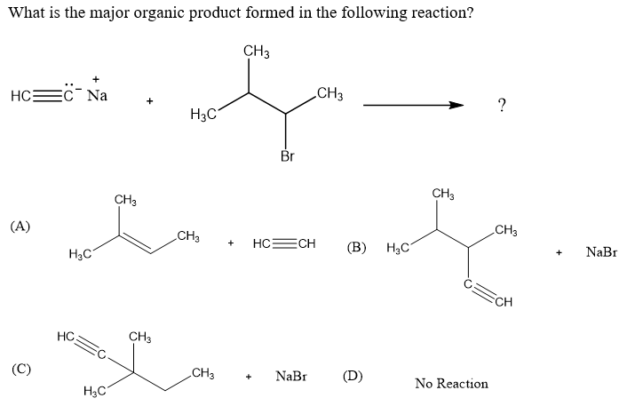 What is the major organic product formed in the following reaction?
CH3
CH3
HC
Ec¯ Na
H3C
Br
CH3
CH3
CH3
(A)
CH3
HCECH
(В)
H3C
NaBr
+
H3C
CH
HC
CH3
(C)
CH3
NaBr
(D)
+
No Reaction
H3C
