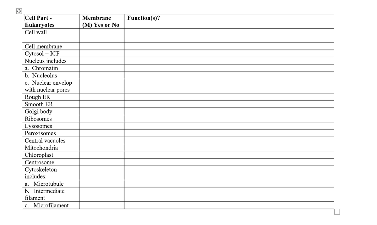 Cell Part -
Eukaryotes
Cell wall
Membrane
Function(s)?
(M) Yes or No
Cell membrane
Cytosol
Nucleus includes
= ICF
a. Chromatin
b. Nucleolus
c. Nuclear envelop
with nuclear pores
Rough ER
Smooth ER
Golgi body
Ribosomes
Lysosomes
Peroxisomes
Central vacuoles
Mitochondria
Chloroplast
Centrosome
Cytoskeleton
includes:
a. Microtubule
b. Intermediate
filament
c. Microfilament
