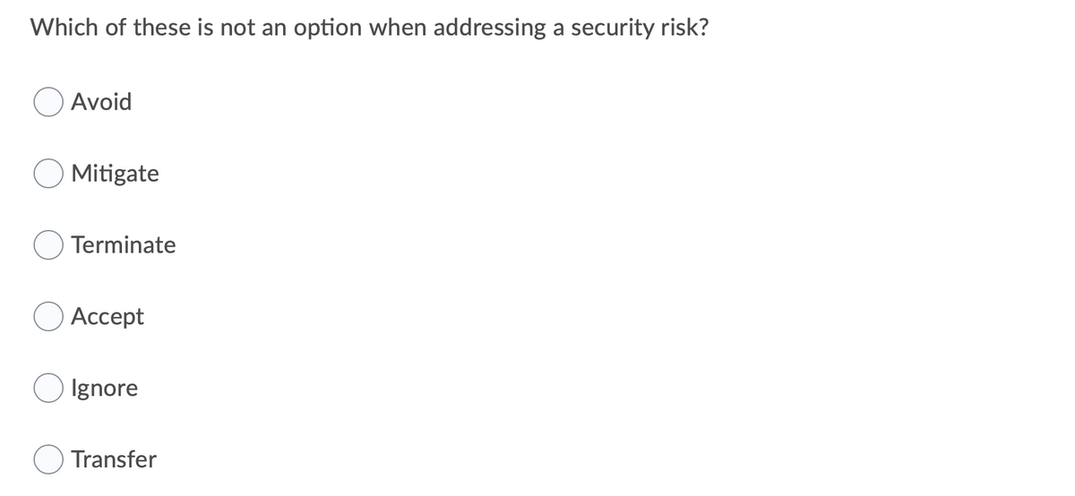 Which of these is not an option when addressing a security risk?
Avoid
Mitigate
Terminate
Аcсept
Ignore
Transfer
