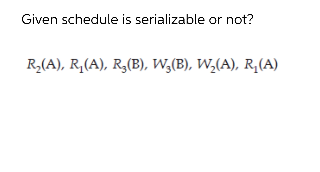 Given schedule is serializable or not?
R,(A), R,(A), R3(B), W,(B), W,(A), R,(A)
