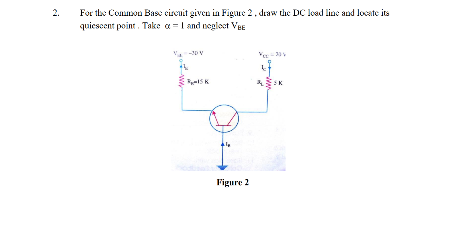 For the Common Base circuit given in Figure 2 , draw the DC load line and locate its
1 and neglect VBE
quiescent point . Take a =
VEF = -30 V
Vcc = 20 V
Ic
Rg=15 K
RL
5 K
Figure 2
